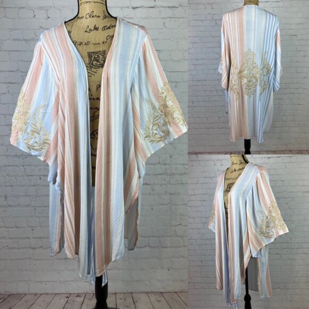 Andree’ Open Front Striped Embroidered Kimono
